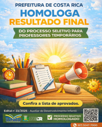 Imagem da notícia Divulgado resultado final do processo seletivo para auxiliar de desenvolvimento infantil em Costa Rica